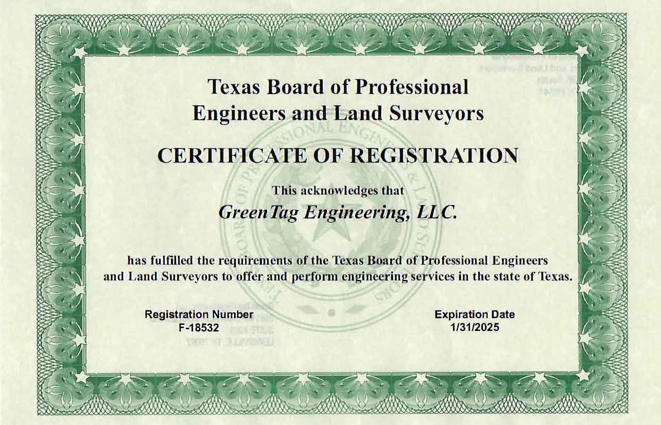 GreenTag Engineering Texas Board of Professional Engineers certificate